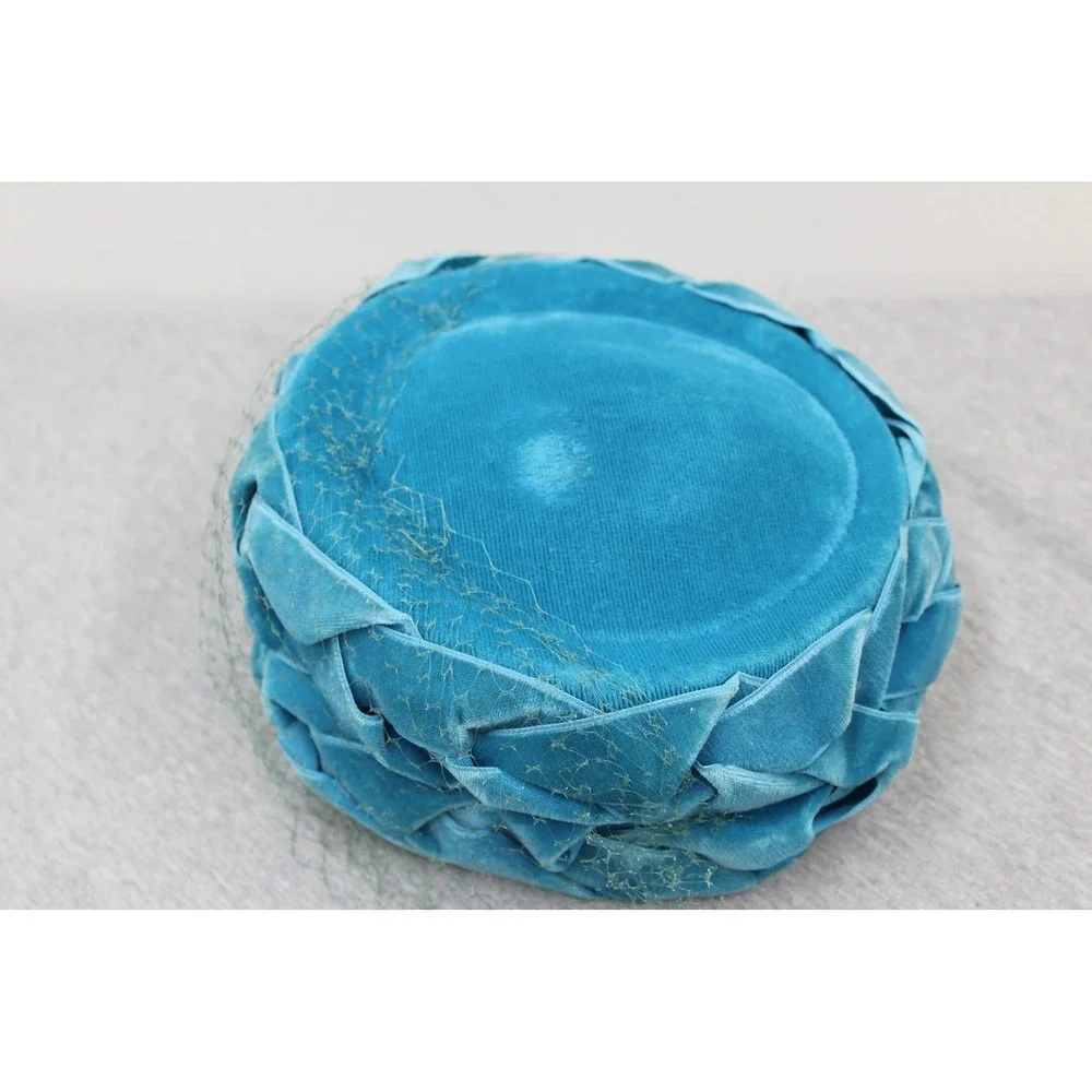Vintage Hat Women OS Blue Pillbox Braided Velvet Veiled Mid Century Retro